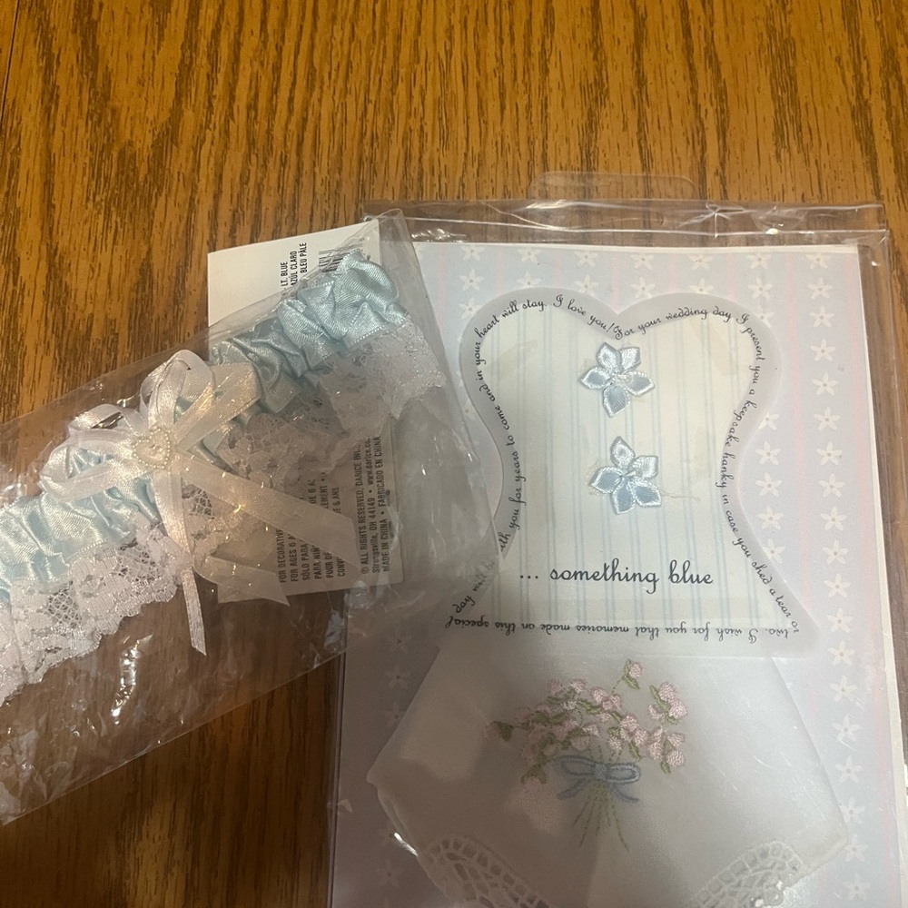 Blue and White Bridal Garter and something blue handkerchief set.
